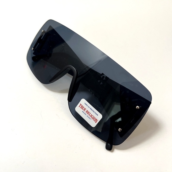 New Original TRUE RELIGION Shield Sunglasses Black Acetate Rimless Wide Leg - Picture 6 of 6